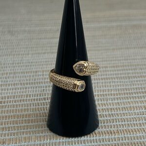 Gold pavé cross over ring with heart and square clear stones-size 8